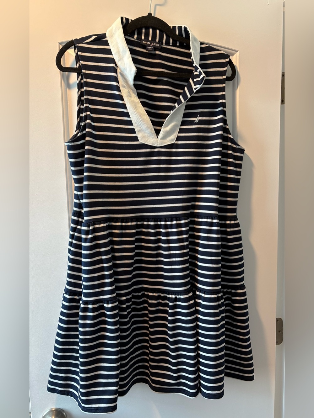 Nautica Navy and White Striped Sleeveless Collared Polo Dress Women’s XL Preppy